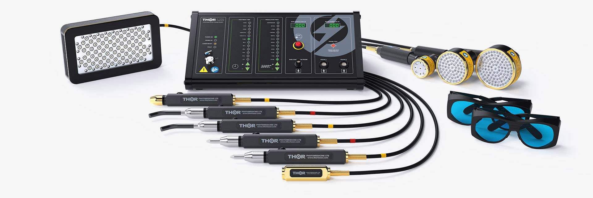 THOR Photomedicine's photobiomodulation equipment, including the LX2 and treatment accessories for healing, reducing inflammation, and relieving pain